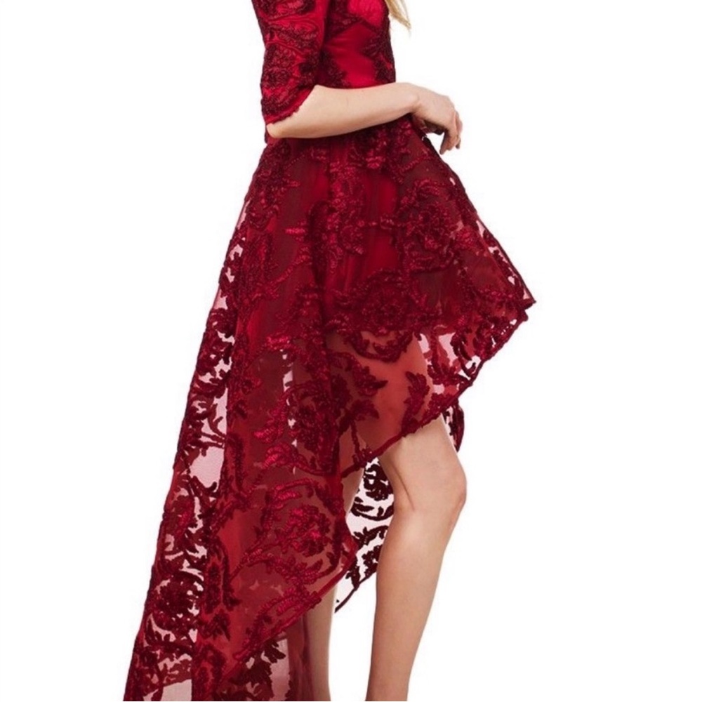 AMMO burgundy 3/4 sleeve lace high-low fit flare dress